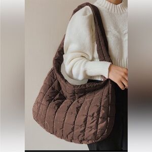 Coffee Quilted Zipper Large Shoulder Bag